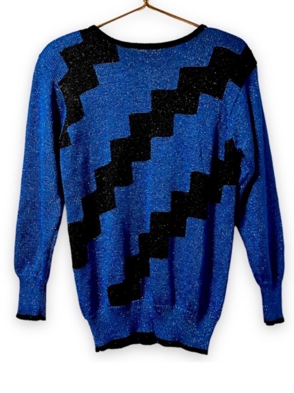 Vintage 80s Liz Claiborne Blue Black Mod Stripe Metallic Sweater Womens Sz Small